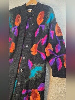 Vintage Fitting Image Floral Colorful Knit Sweater Cardigan Dress Boho Western L